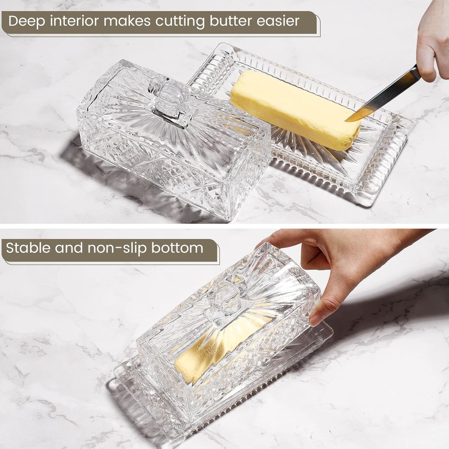 Butter Dish with Lid for Countertop,Glass Butter Container for Counter,Covered French Butter Tray,Large and Wide Butter Tray Holder for Fridge or Keepers on Counter (Clear-6)