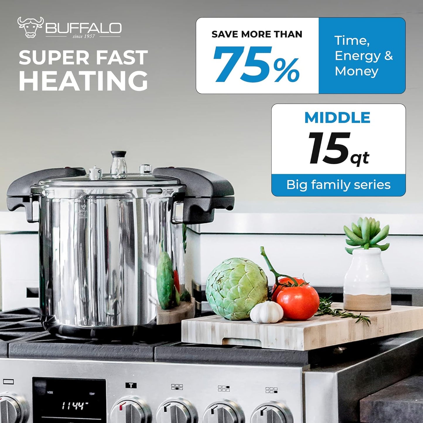 Buffalo 15 Quart Pressure Cooker Stainless Steel - Large Canning Pot with Lid for Home, Commercial Use - Easy to Clean Induction Stove Top Pressure Canner, Can Cooker - SG Certificate QCP415