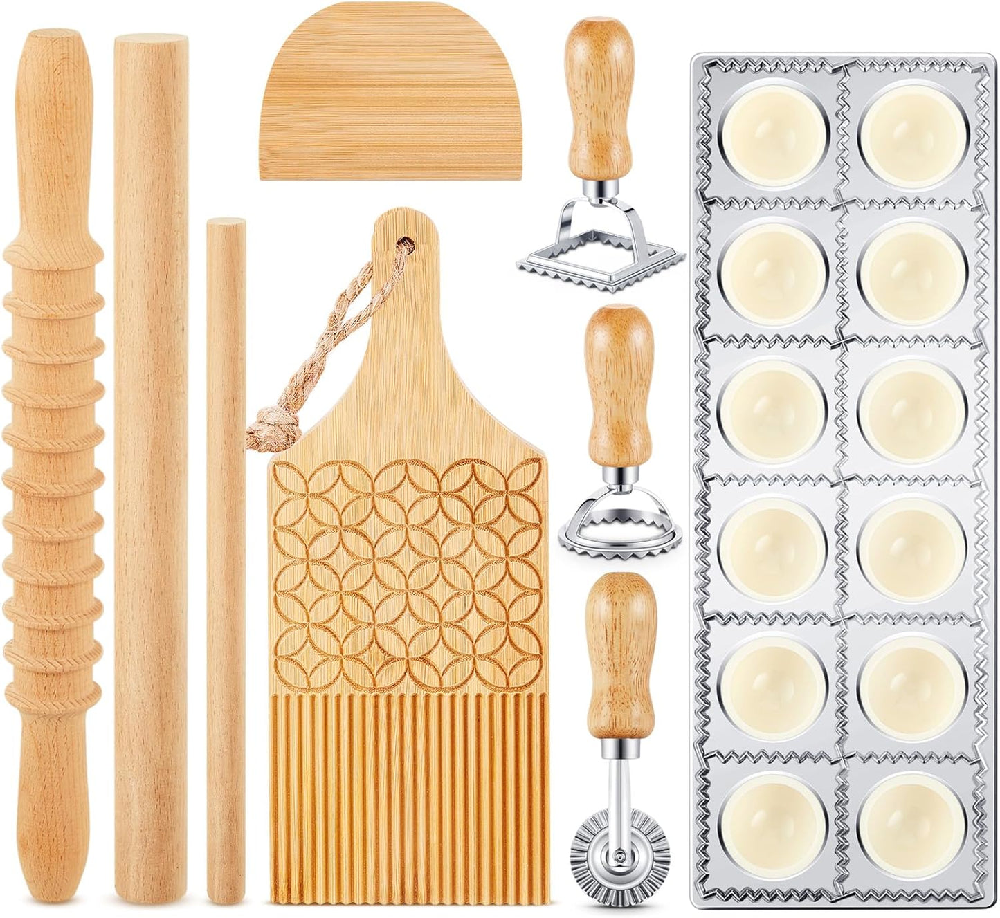 Tioncy 9 Pcs Pasta Making Tool Ravioli Gnocchi Maker Set Include Ravioli Mold Wooden Cutter Rolling Pin Gnocchi Board Wood Stick Dough Scraper Pasta Stamps(Pattern Style)