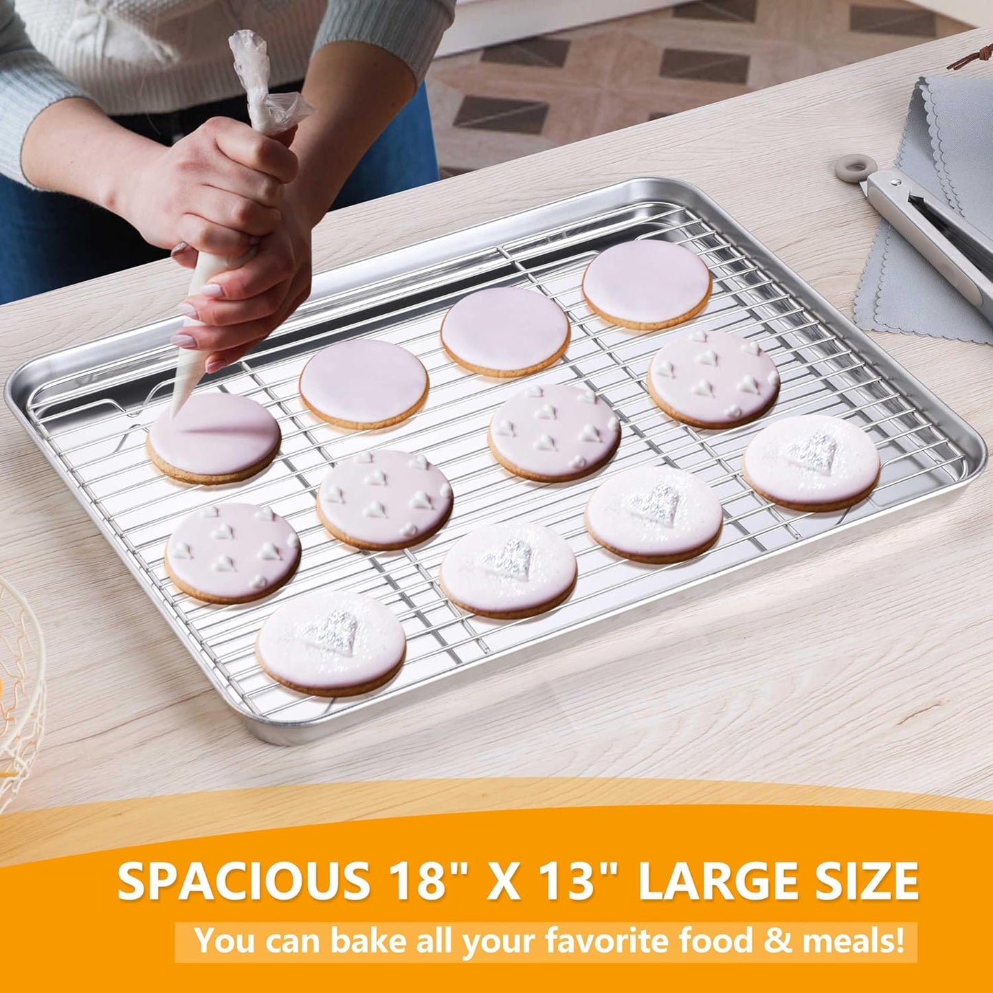 Homikit Baking Sheet Pan with Rack Set, 18" x 13" Nonstick Half Cookie Sheets for Baking Cooking Tray with Wire Cooling Rack, Stainless Steel Bakeware Bacon Pans for Oven Toaster, Dishwasher Safe