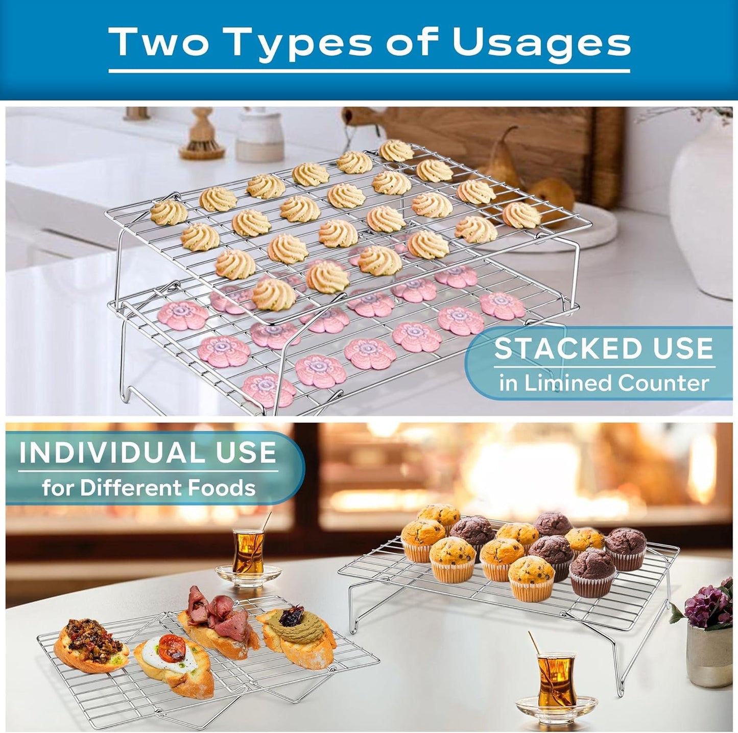 15IN x 10IN Cooling Baking Rack Set of 3, Leonyo 3-Tier Stackable Stainless Steel Wire Baking Cooking Racks Set for Cookie, Pizza, Cup Cake, Raised & Folding Feet