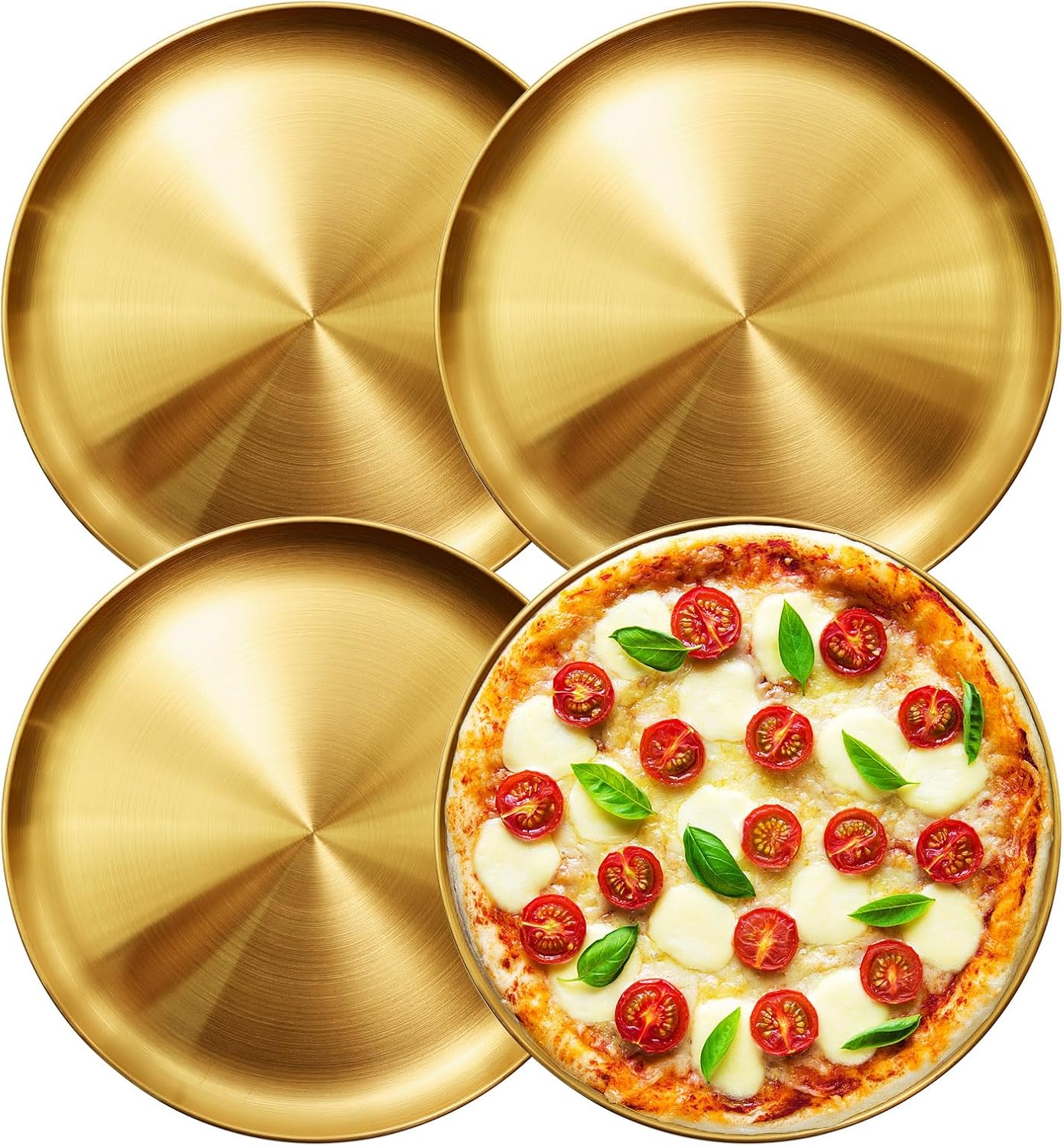 13.5 Inch Stainless Steel Pizza Pan Set of 4, Commercial Grade Restaurant Pizza Tray, Heavy Duty & Warp-Resistant for Oven, Grill & Party - Dishwasher Safe Baking Sheet