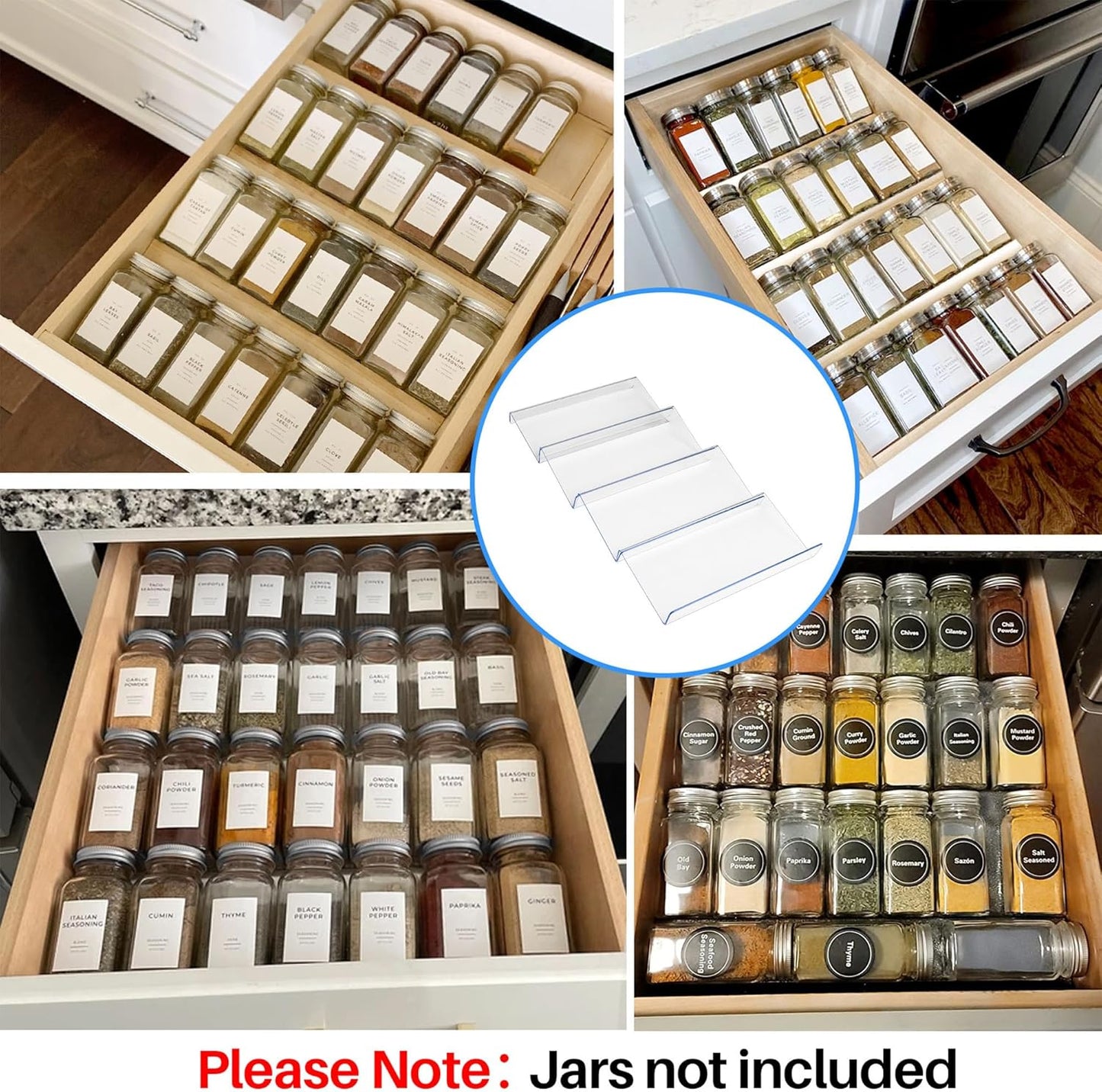 MIUKAA Clear Acrylic Spice Drawer Organizer, 4 Tier- 1 Set Seasoning Jars Drawers Insert, Kitchen Spice Rack Tray for Drawer/Countertop (Jars not included)