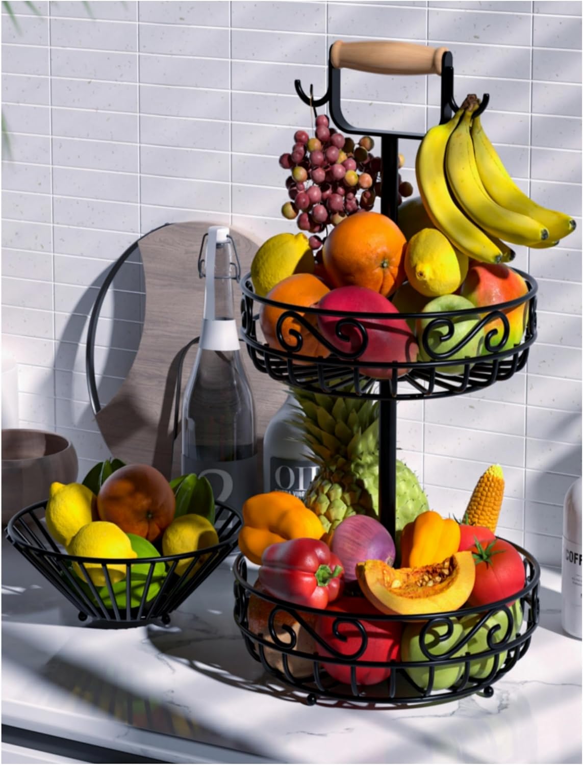 2-Tier 𝐅𝐫𝐮𝐢𝐭 𝐁𝐚𝐬𝐤𝐞𝐭 and Fruit Bowl - Fruit and Vegetable Storage with Banana Tree Hanger and Wood Handle, Fruit Basket for Kitchen Counter, for Bread Onions Potatoes Veggies Produce