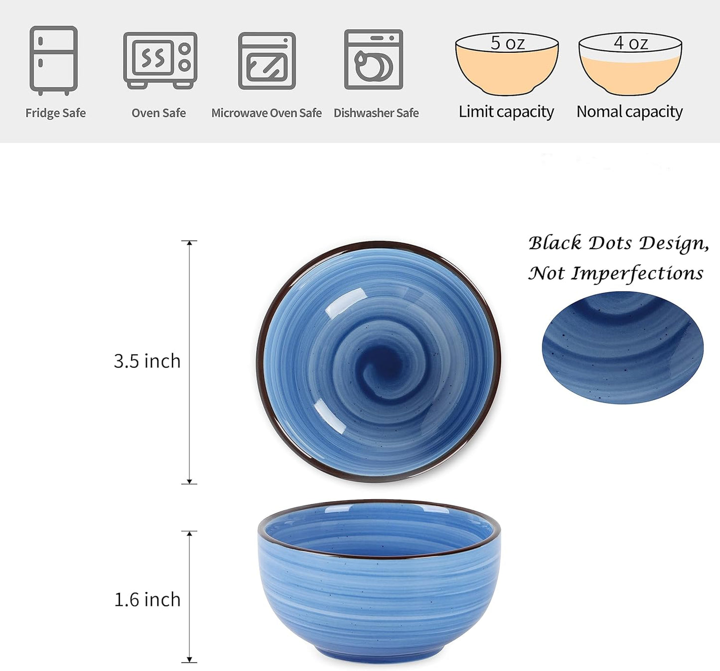 Selamica Ceramic Mini Bowls, 4 OZ Dipping Bowls, 3.5 Inch Gradient Blue Set of 6, Microwave & Dishwasher Safe
