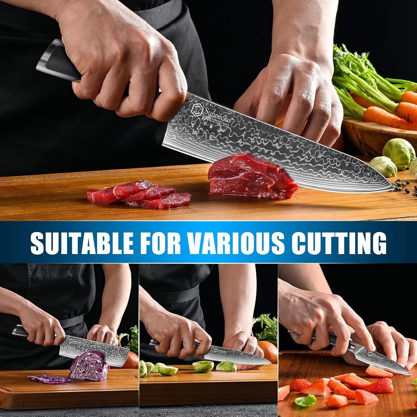 Sunnecko Damascus Kitchen Knife Set 4 Piece Chef Knife Set Professional, Sharp Kitchen Knives Set Full Tang, Gift Box