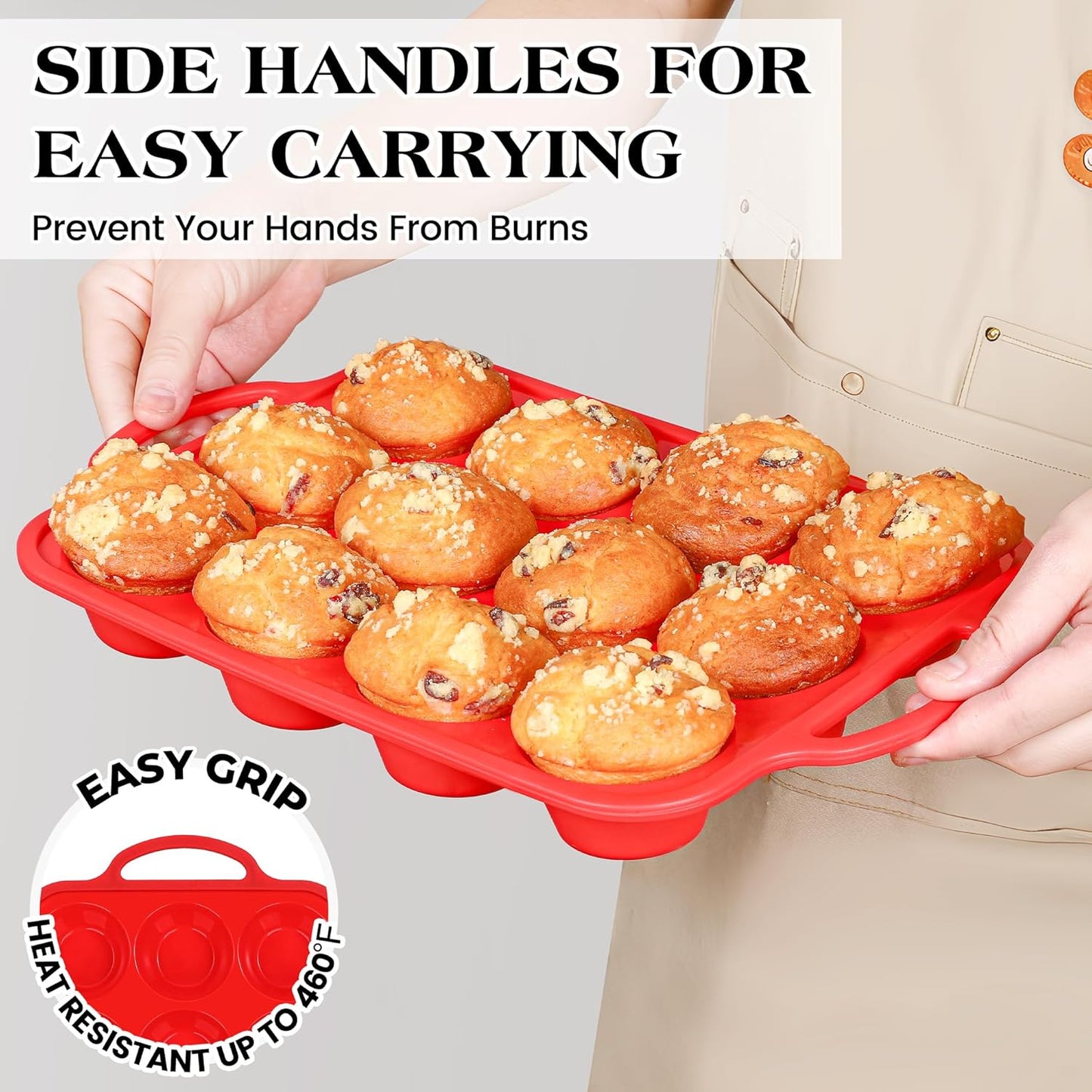 1 Pc Silicone Muffin Pan for Baking with Metal Frame, Nonstick 12 Cup Regular Size Cupcake Pan, Silicone Muffin Tray for Egg Bites (Red)