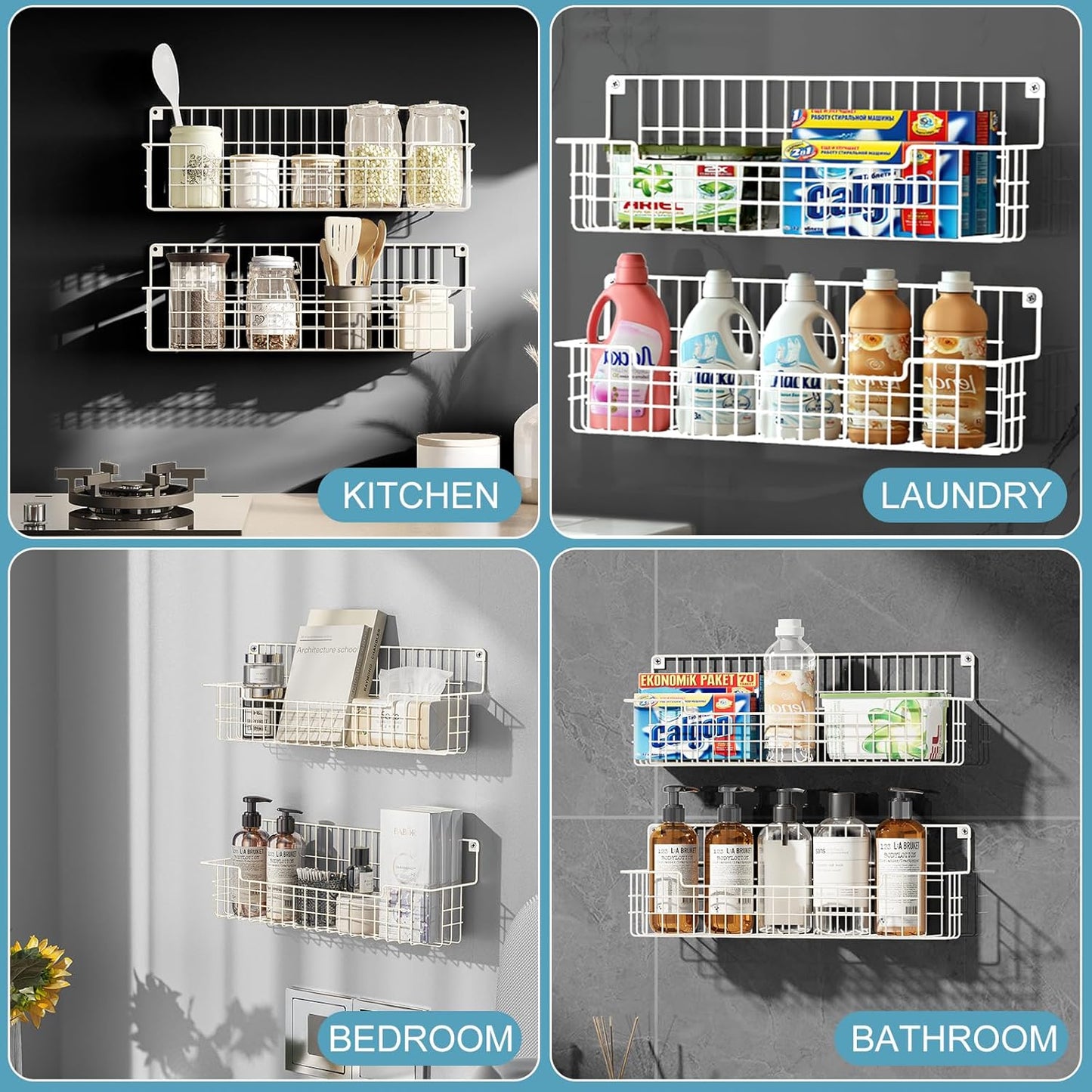 Spice Rack, 4-Pack Seasoning Organizer Wall Mounted for Kitchen Storage Organization, Metal Spice Holder Shelf for Cabinet, Pantry, White