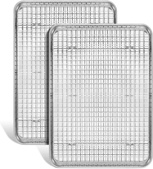 Jelly Roll Pan with Cooling Rack, Leonyo Baking Sheet Pan with Wire Rack, Commercial Stainless Steel & Nonstick Large Cookie Sheet Trays for Oven Cooking, Size 16 x 12 Inch (2 Trays + 2 Racks)