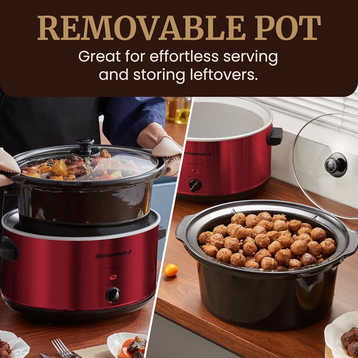 Elite Gourmet MST-900RXT# Electric Ceramic XL Jumbo Slow Cooker, Adjustable Temp, Entrees, Sauces, Stews & Dips, Dishwasher Safe Glass Lid & Crock, 8.5Qt, MetallicRed