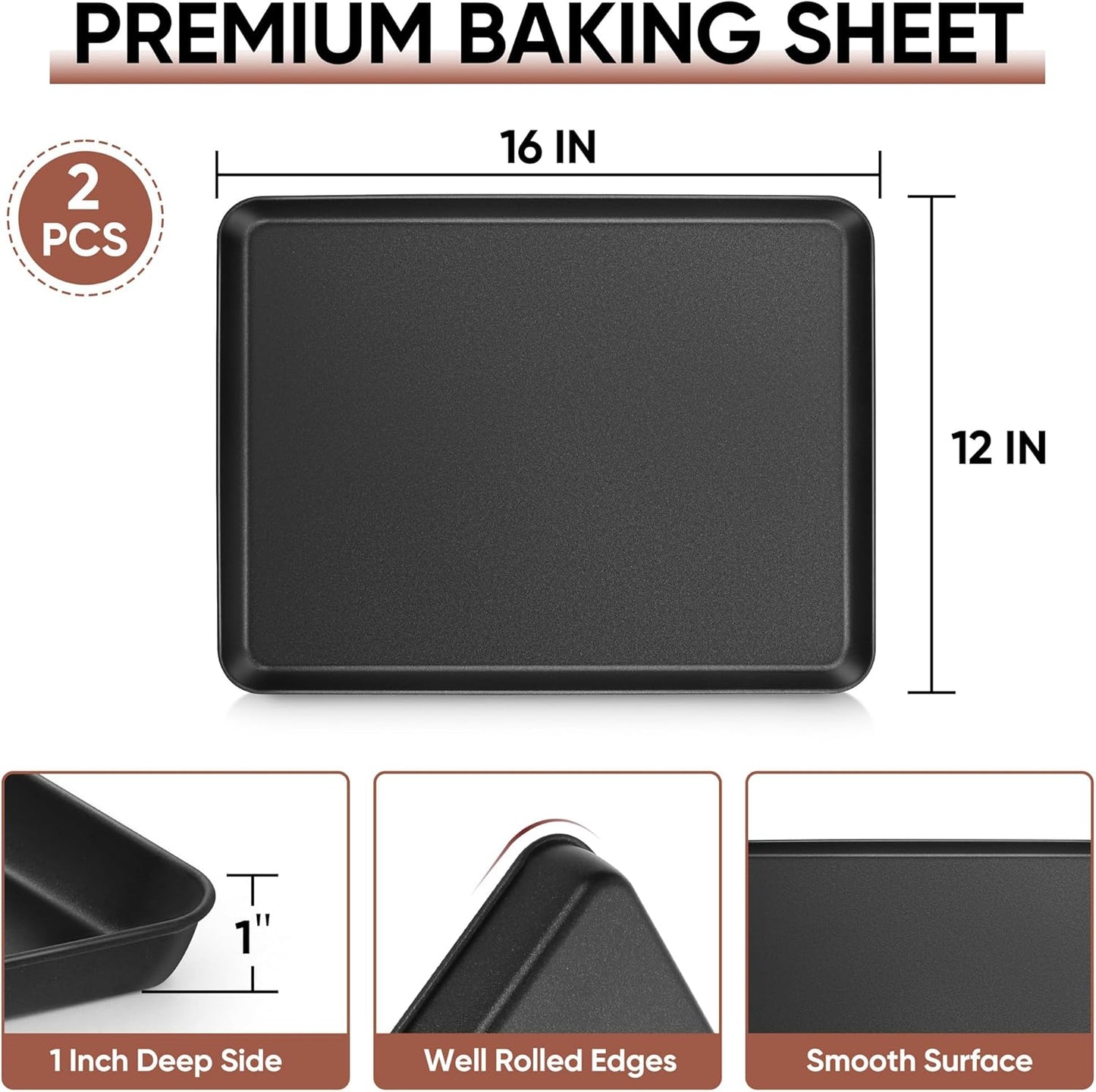 E-far Baking Sheet Set of 2, 16" x 12" x 1" Large Cookie Sheet Pan for Baking, Nonstick Carbon Steel Baking Trays for Oven, Heat-Resistant & Easy Clean, Black