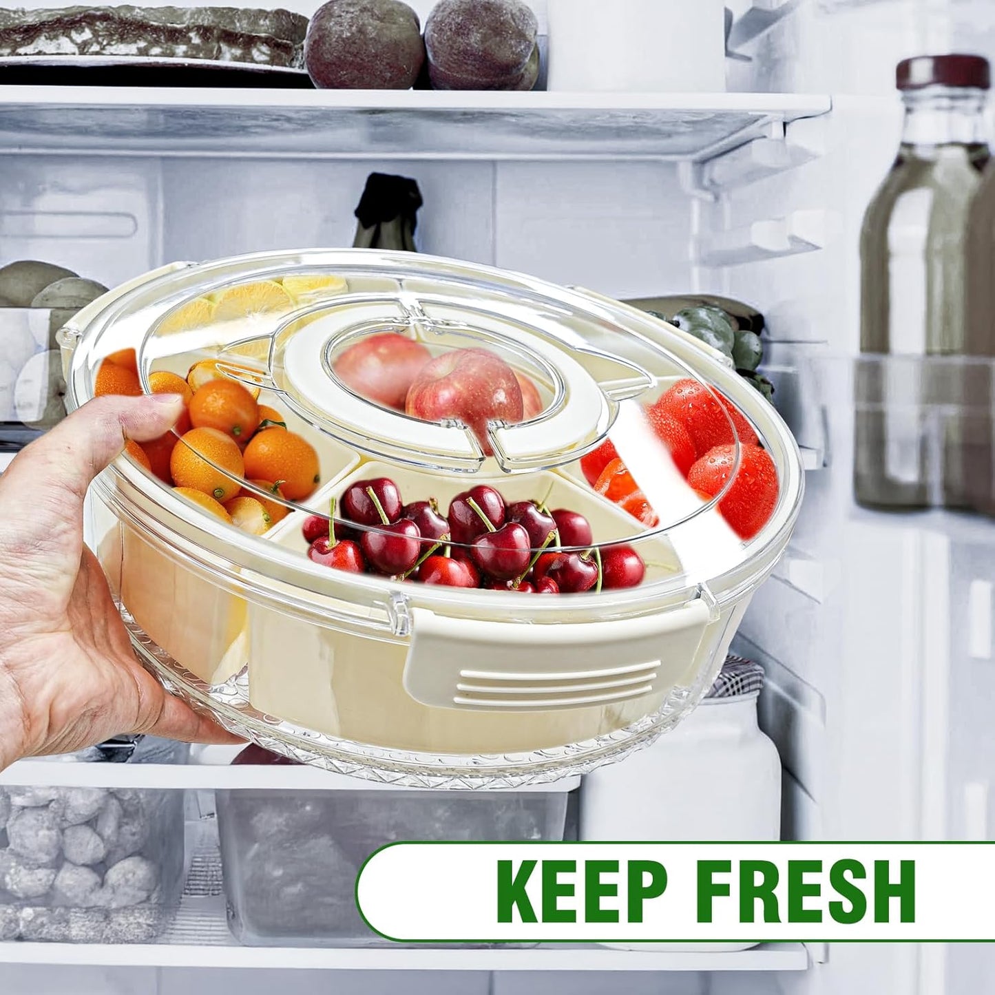 Divided Rotating Serving Tray with Lid & Handle, Portable Snack Spinner for Fruits, Veggies, Charcuterie, Party, Travel, Picnic, and Fridge Storage