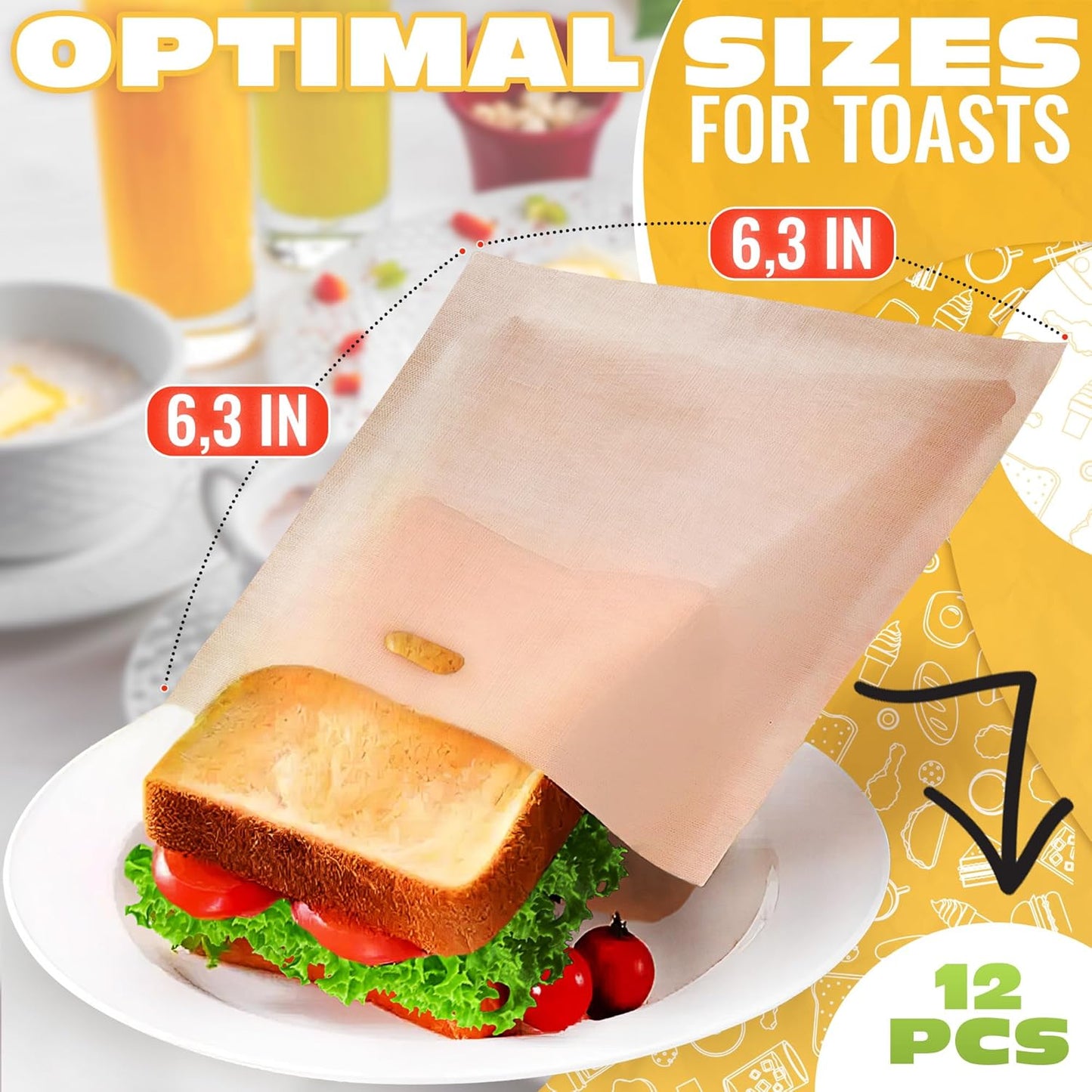 12Pcs Non-Stick Toaster Bags Reusable – 6.7"x7.5" Grilled Cheese Bags, Heat-Resistant & Easy to Clean | Mess-Free Toasting, Sandwiches, Panini & More | Compatible with Toaster, Oven, Microwave & Grill