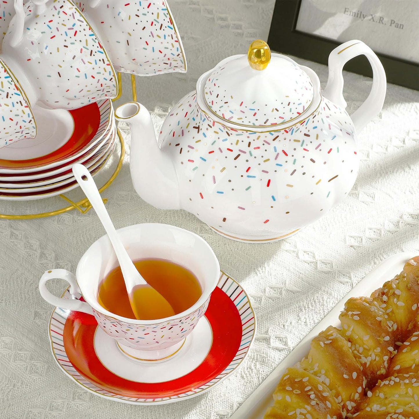 fanquare 21-Piece Red English Porcelain Tea Sets, 6 Cups and Saucers, Colorful Sprinkle Sugar Bone China Tea Set for Afternoon Tea Party, Birthday, Celebrations