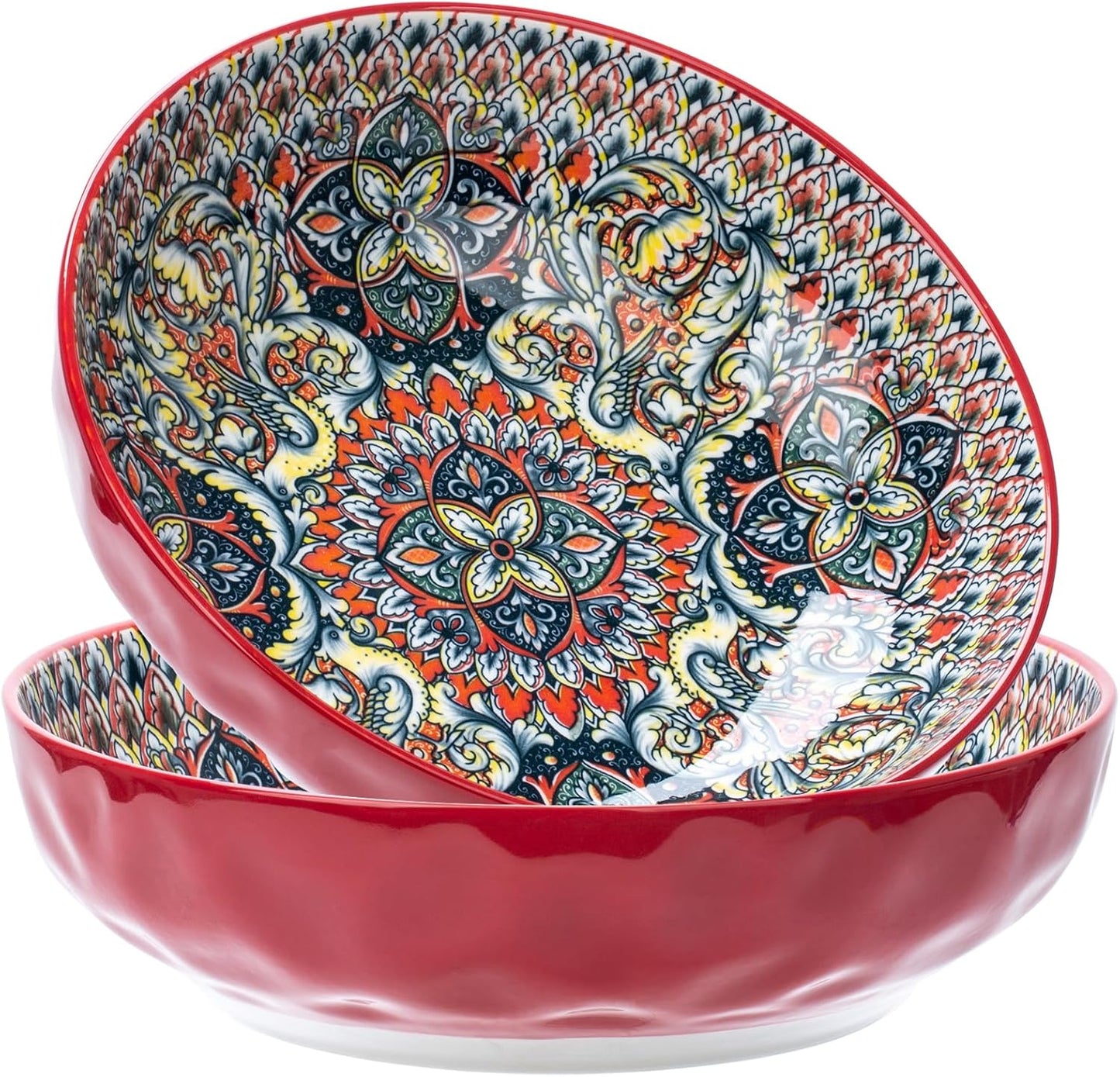 Large Serving Bowls, 75 Oz Fruit Salad Bowls Set of 2, Bohemian Style Large Porcelain Dishes for Entertaining Parties,Big Bowls for Salad, Pasta, Fruit, Chips, 10.3 Inch Diameter (red.red)