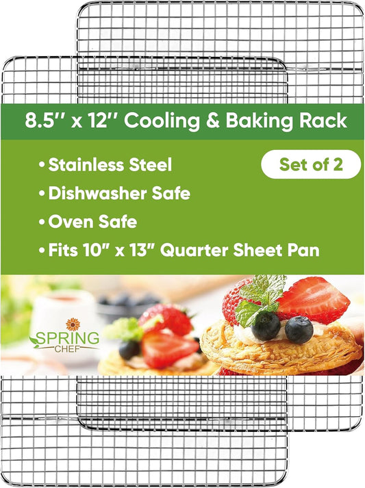 Spring Chef 8.5" x 12" Stainless Steel Cooling Racks, Wire Rack for Baking Sheet - Fits Small Quarter Sheet Pan - Perfect for Cooking, Baking, Grilling, Smoking - Dishwasher Safe - Set of 2