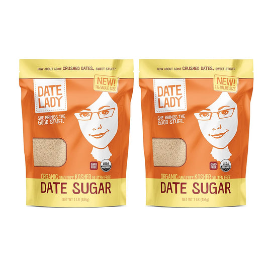 Date Lady Date Sugar, 1 lb, Organic | 100% Whole Food | Vegan, Paleo, Gluten-free & Kosher | Sugar Substitute and Alternative Sweetener for Baking | Will Not Dissolve in Your Coffee (2 Bags)