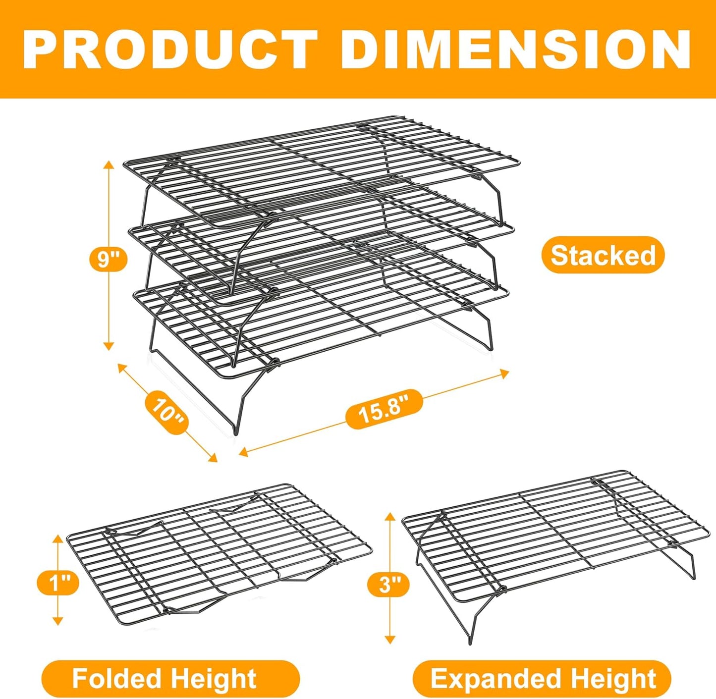 3 Tier Stackable Cooling Rack for Batch Cooling Cookie, Pizza, Cake-15.8”x 10”- Heavy Duty Cooling Racks for Cooking and Baking, Oven and Dishwasher Safe Baking Supplies-Black