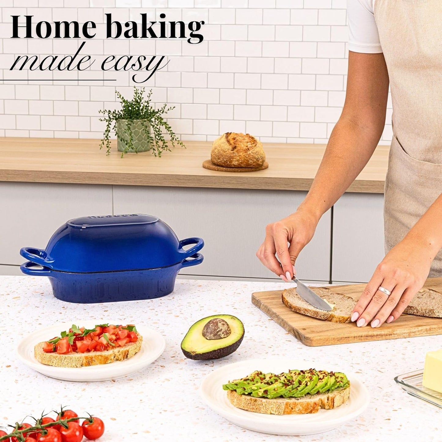 Dutch Oven For Sourdough Bread Baking – Enamelled Cast Iron Bread Loaf Pot – Oven Safe Non Stick Bread Pot – Rectangular, Dark Blue, 24cm x 16cm – by Nuovva