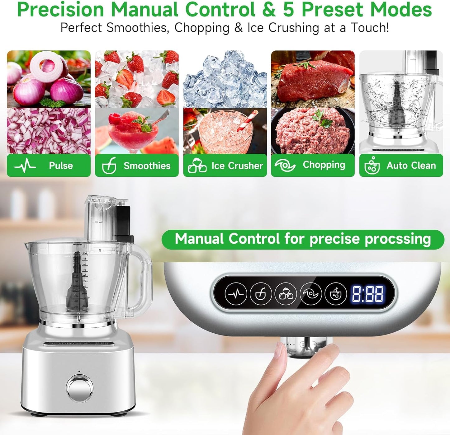 Homtone 16 Cup Food Processor, Large 11-in-1 Heavy Duty Food Processors and Blender Combo- 5 Preset Modes for Chopping,Shredding, Slicing, Kneading, Blending, Stepless Speed Control, 650W, Silver