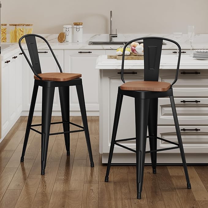 Aklaus Swivel Metal Bar Stools 24 inch Swivel Counter Height Barstools Set of 2 Modern Farmhouse Bar Chairs with High Backs and Large Wooden Seat for Kitchen Island Dining Room Matte Black