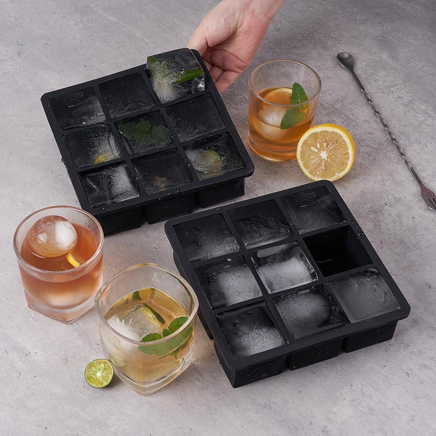 WonderWorld Ice Cube Tray, 9 Portions Gaint Silicone Freezer Tray with lids, 2 Inch Big Ice Maker for Whishkey, 2 pack