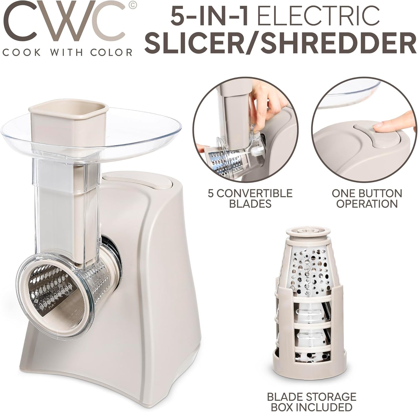 COOK WITH COLOR 5-in-1 Electric Slicer, 150W Food Prep Machine – Cheese Shredder, Fine & Coarse Graters, Potato Grater, Vegetable Slicer, Fruit, Salad Shooter, Compact Design for Bowl Prep, Sand