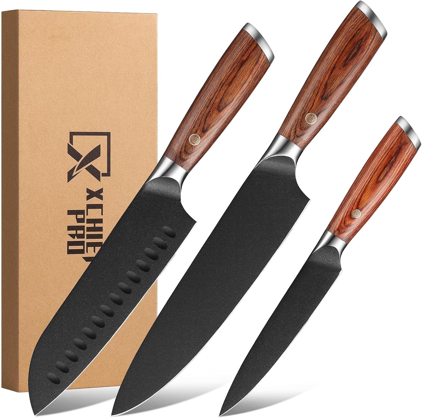 Kitchen Knife Set, 3 Pieces Japanese High Carbon Stainless Steel Chef Cooking Knife Set, Ultra Sharp Professional Chef Santoku Utility Knives (Black)