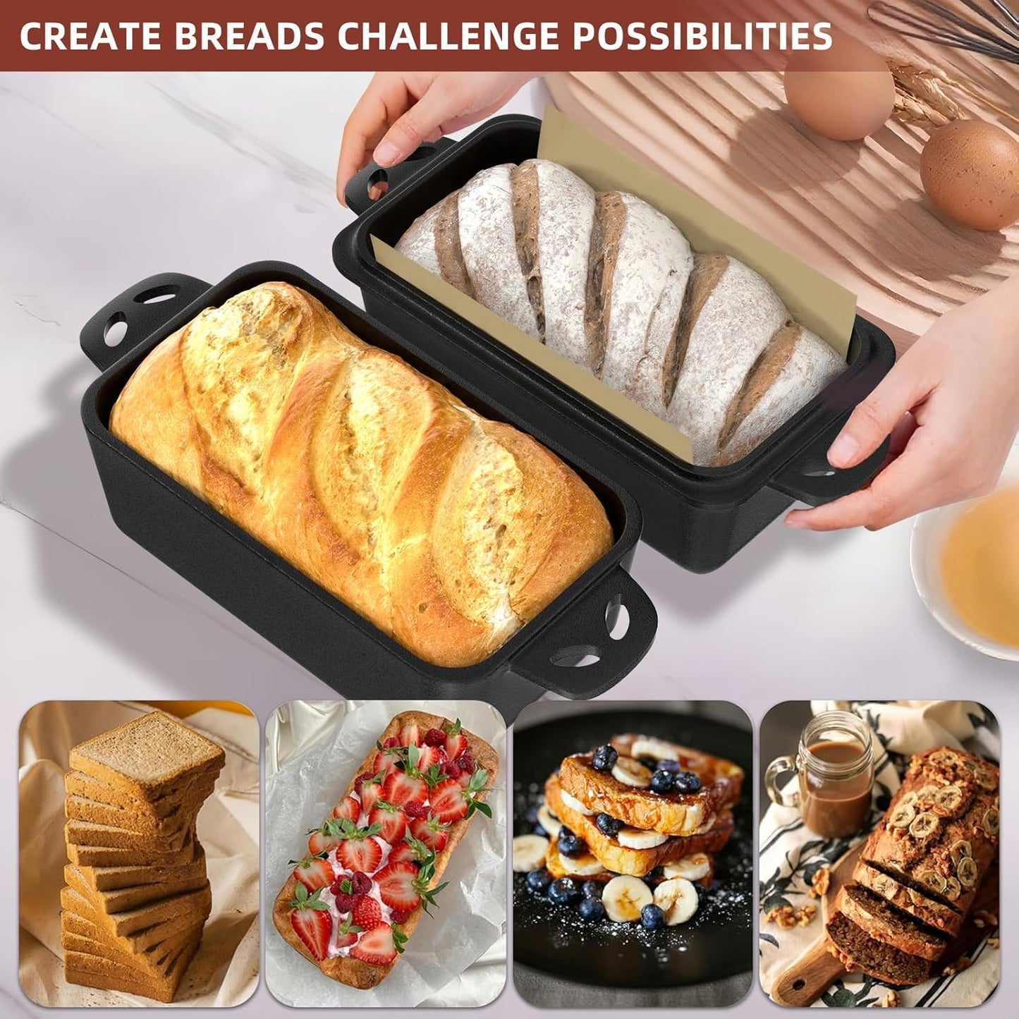 9×5 Inch Cast Iron Loaf Pan with Lid, 2 in 1 Loaf Bread Baking Pans for Homemade Bread, 2 Piece Set