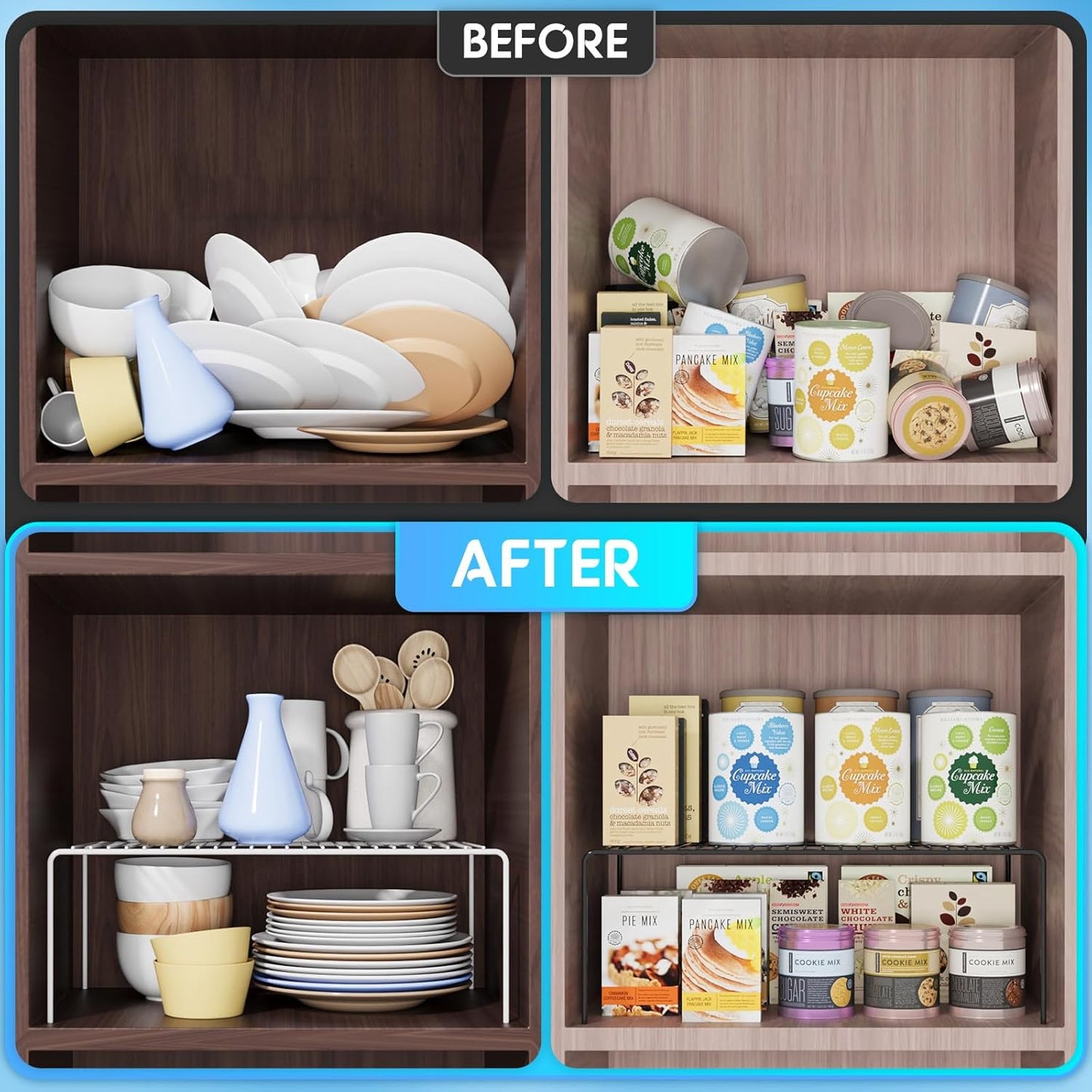 Large(15.7 x 9.4 inch)White Cabinet Storage Shelf Rack Set of 6, Rustproof Metal Wire Kitchen Counter Organizers and Storage, Spice Organization for Cabinet, Plate, Dish, Pantry, Bathroom, Fridge