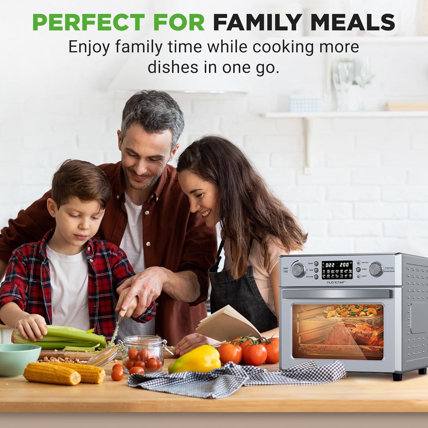 NutriChef 26L Electric Air Fryer Oven | 1700W Countertop Rotisserie & Air Fryer | 360° Rotating Feature | 10 Digital Menu Presets | Includes Drip Tray, Air Frying Basket & Bake Rack 15x16x14 (Silver)