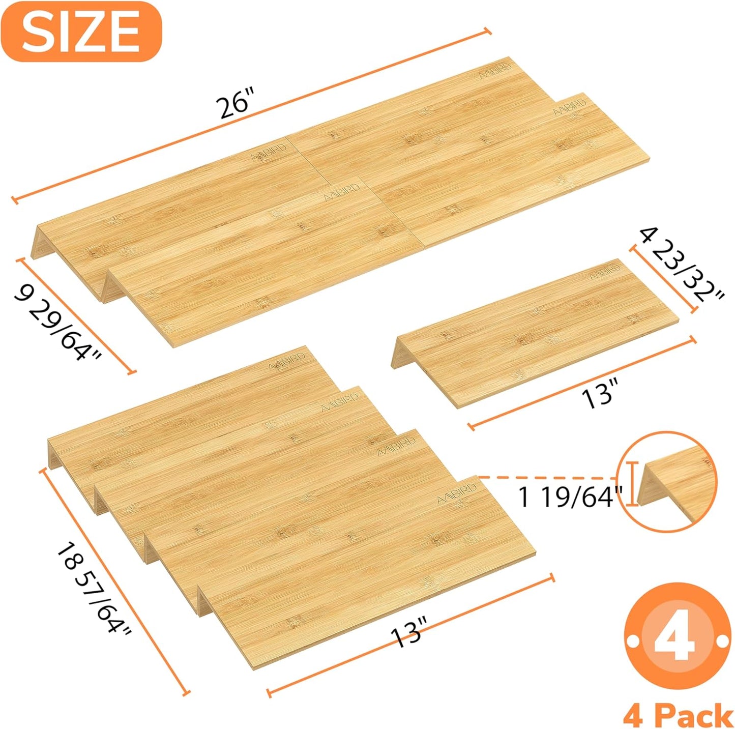 AMBIRD Bamboo Spice Drawer Organizer with Non-slip Mat, 4 Tier Jar Spice Rack Tray 13'',Seasoning Organizer for Kitchen,Cabinet,Drawers,Countertop