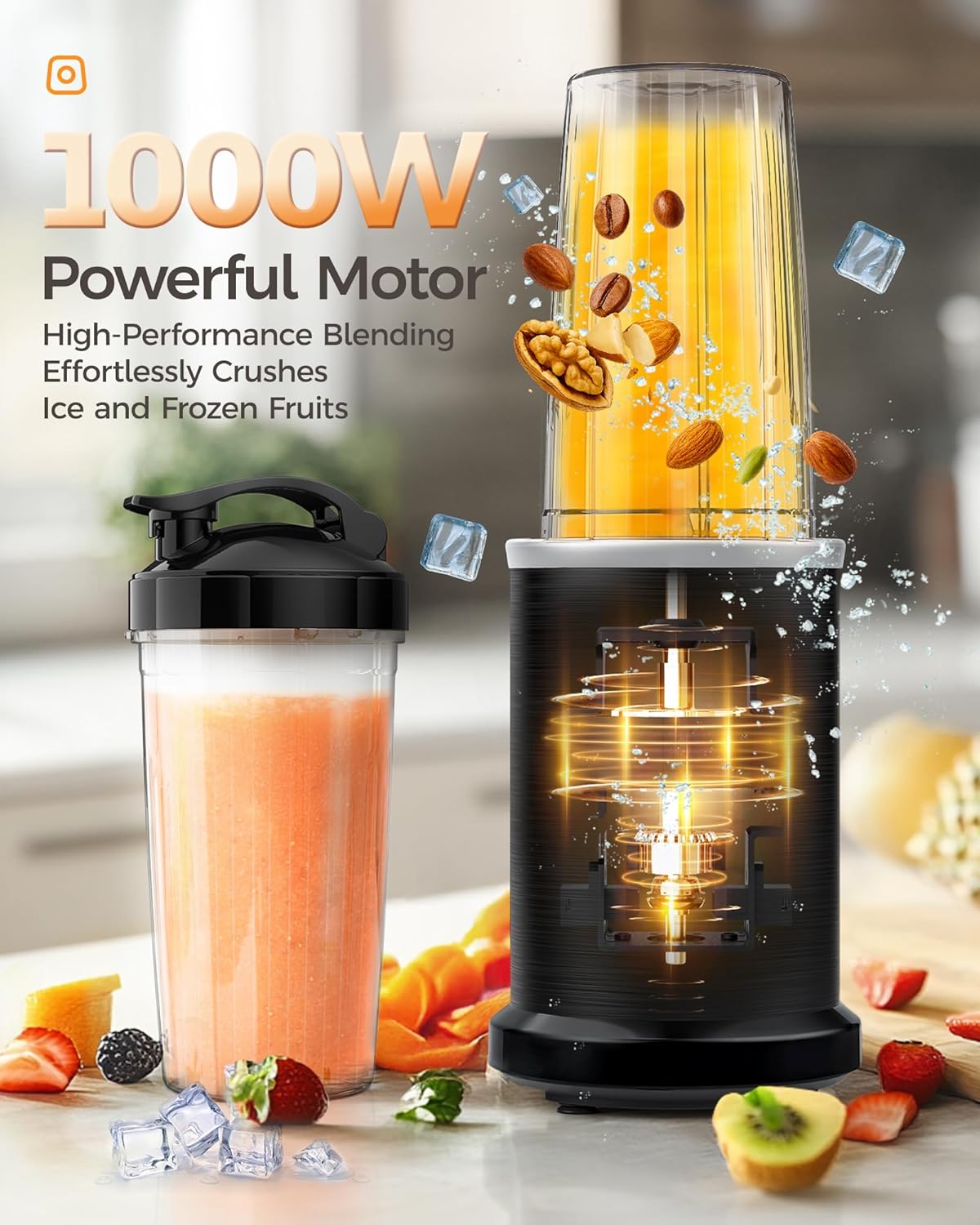 iCucina Smoothie Blender, 1000W Personal Blender for Shakes and Smoothies with 2 x 32oz Protable Cups and Lids, Single Serve Blenders for Ice Crushing, Bean Grinding, Frozen Fruit Drinks, Black