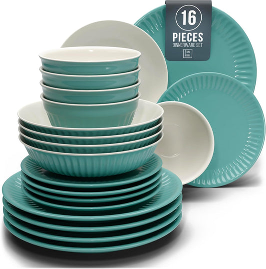 Stoneware Dinnerware Set for 4 People HYGGE 16-Piece - Elegant Scandi Design - Premium Dish Set - Bowl and Plate Set - Tableware for 4 People in a Ribbed Design - Pure Living in Green