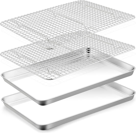 TeamFar Cookie Sheets with Cooling Racks, 17.6 x 13 x 1 Inch Stainless Steel Baking Pan with Grid Rack for Baking Roasting, Non-Toxic & Heavy Duty, Dishwasher Safe, 2 Pans with 2 Racks