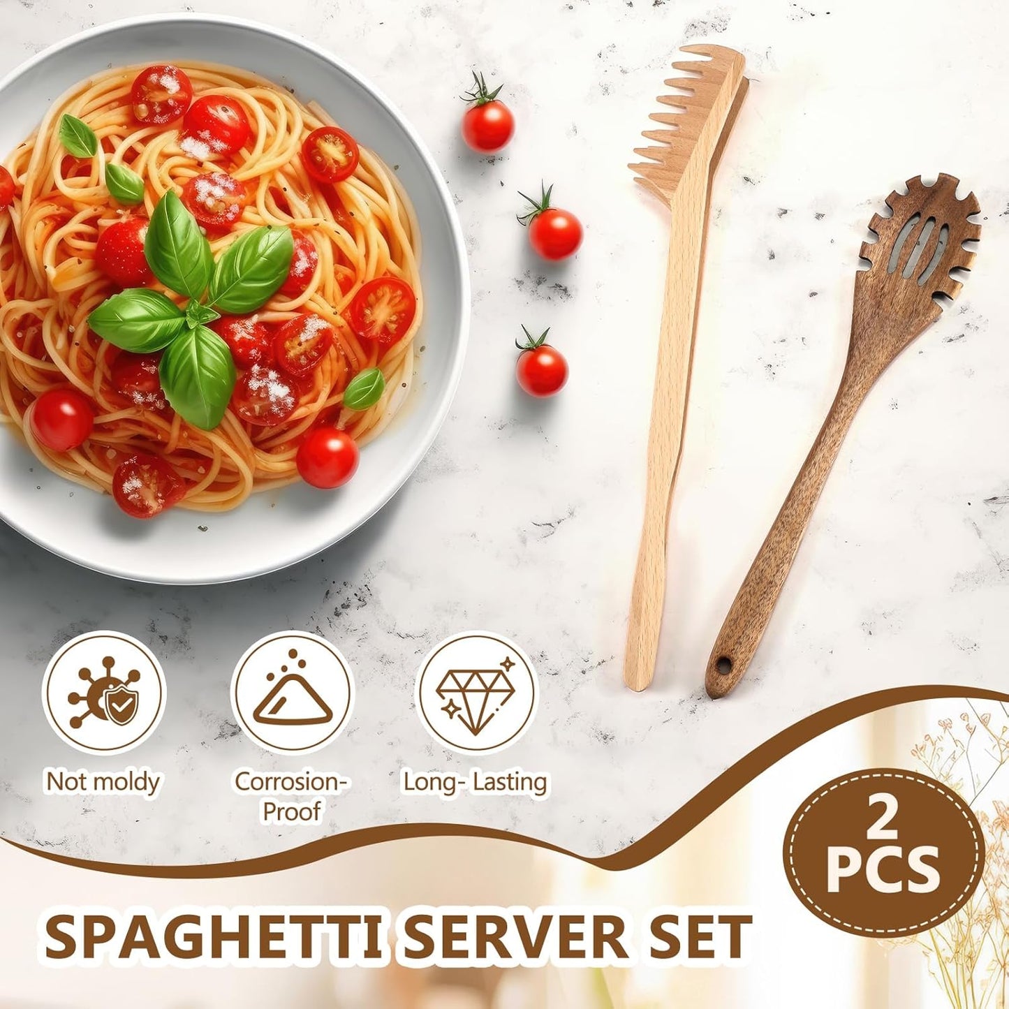 Baderke 2 Pcs Wooden Pasta Spoon with Teeth Large Spaghetti Spoon Utensil, 9.4'' Pasta Tong and 13'' Pasta Fork with Handle, Comfortable Grip Design Server Spoons for Kitchen Spaghetti Noodle