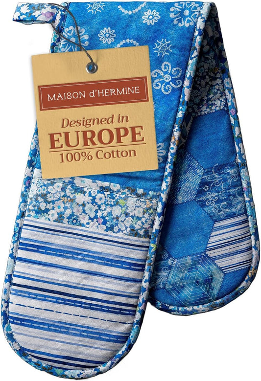 Maison d Hermine Summer Blue 100% Cotton Easter Double Oven Glove with Loop Heat Resistant for BBQ | Cooking | Baking | Grilling | Microwave | Barbecue | Spring/Summer (7.5 Inch by 35 Inch)