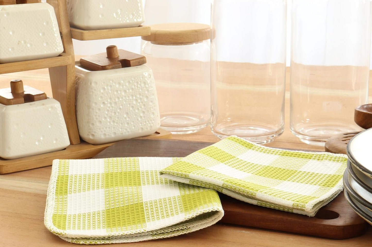 Waffle Weave Plaid Dish Cloths, 100% Cotton - 12 x 12 Inches, Ultra Soft Absorbent Quick Drying Dish Towels Buffalo Check Dish Rags for Kitchen, 8 Pack - Spring Summer - Light Green & White