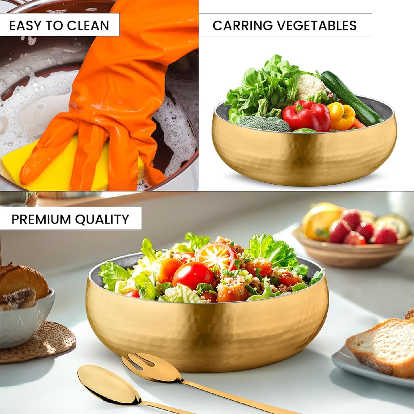 Avador® Set of 3 Premium Stainless Steel Salad Mixing Bowl Hammered Finish | Handmade | Includes Salad Serving Utensils (Gold Plated)