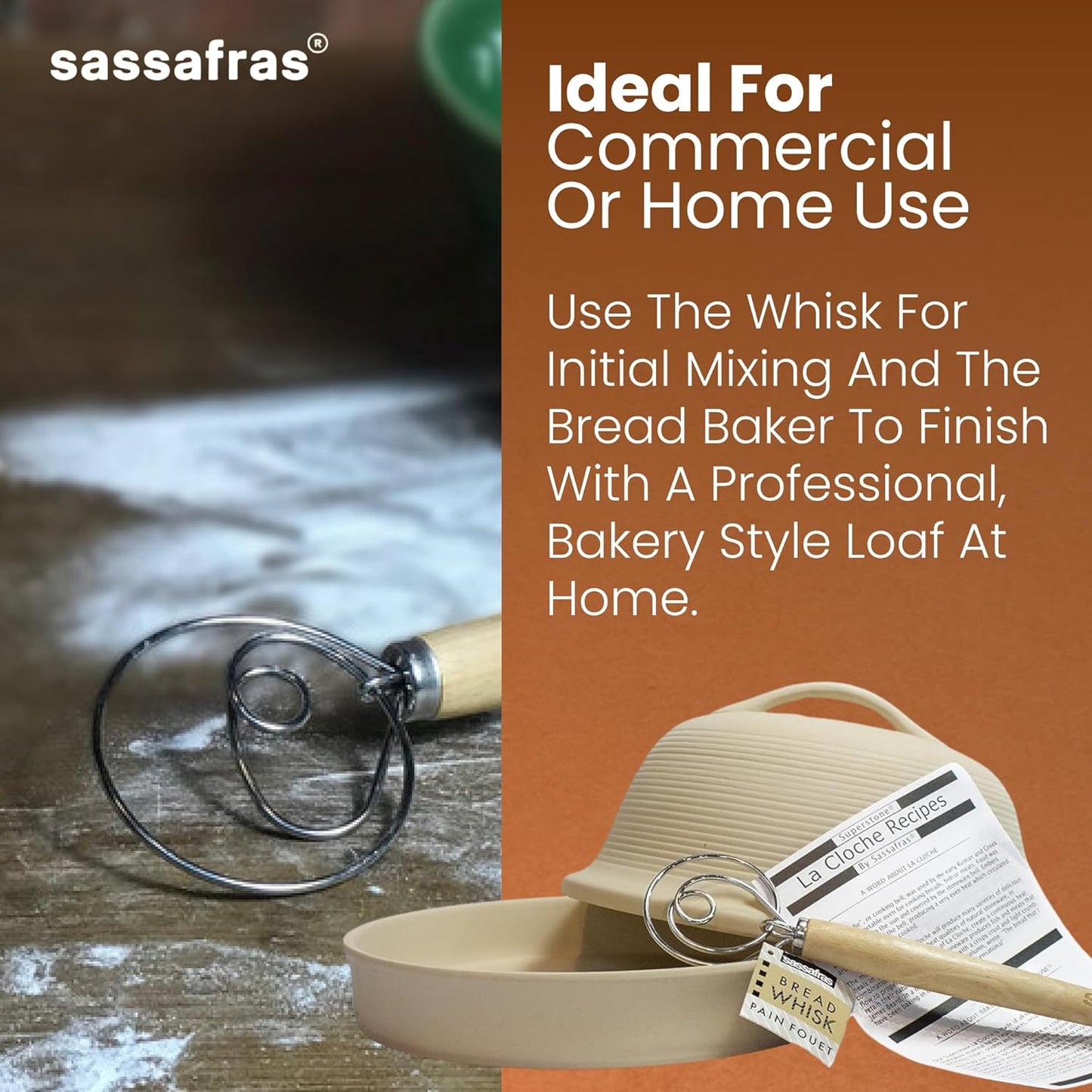 Sassafras Superstone Stoneware La Cloche Bread Baker, Unglazed, Baking Stone for Bread, Capacity 5QT 12”D x7”H with handle, Withstands Temperature 500-2100 Fahrenheit (Bisque + Bread Whisk)