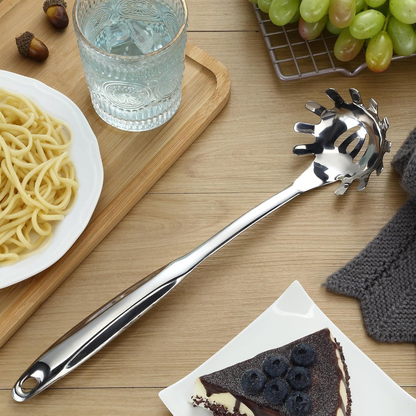 Pleafind Spaghetti Spoon and Spaghetti Tong 2-Piece Set, 13-Inch Non-Stick Spaghetti Fork and 11.4-Inch Kitchen Tong, Easy Storage and Cleanup, Ergonomic Design, stainless steel