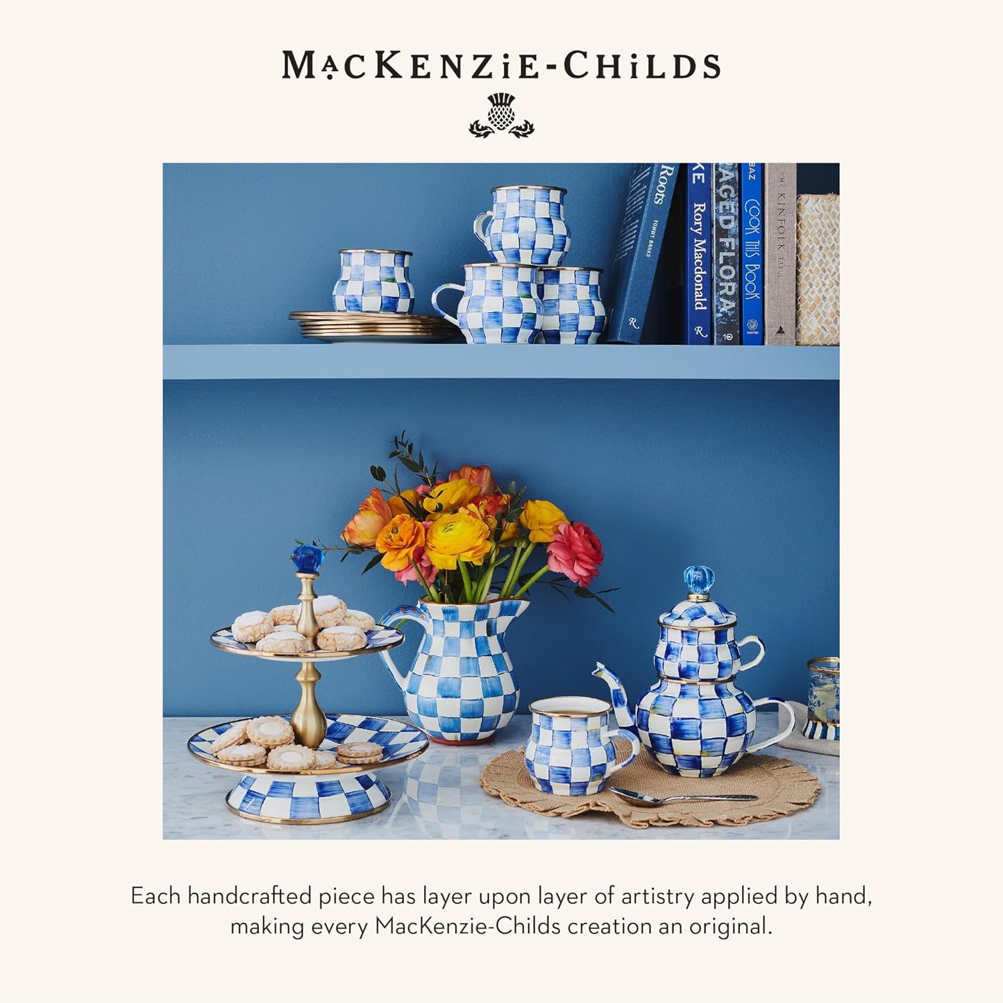 MACKENZIE-CHILDS Enamel Serving Platter, Decorative Serving Platter for Food, 16 Inches, Blue-and-White Royal Check