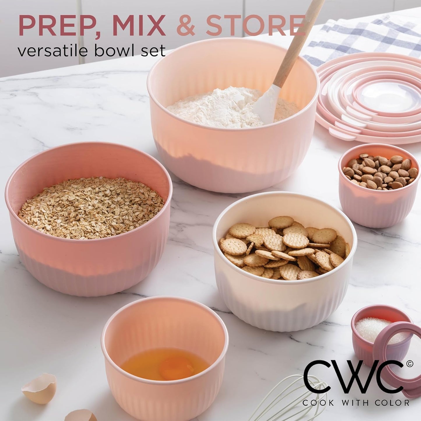 COOK WITH COLOR Prep Bowls with Lids- Wide and Deep Nesting Plastic Small Mixing Bowl Set with Lids, 12 Piece Set - Deep Bowls, Pink