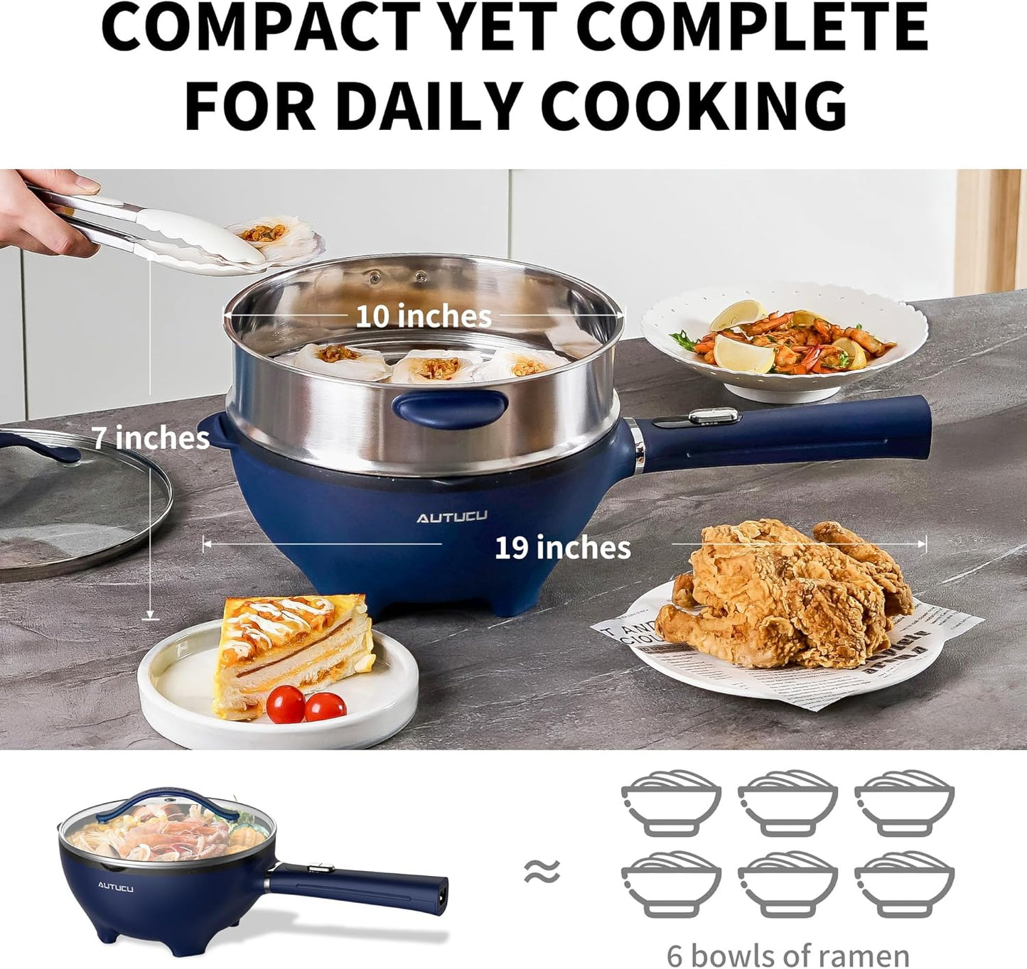 3-Quart Electric Hot Pot & wok Nonstick with Steamer | Electric Skillet 1200W for Dorm, Home, Gifts (Includes Silicone Spatula) Multi-Cooker