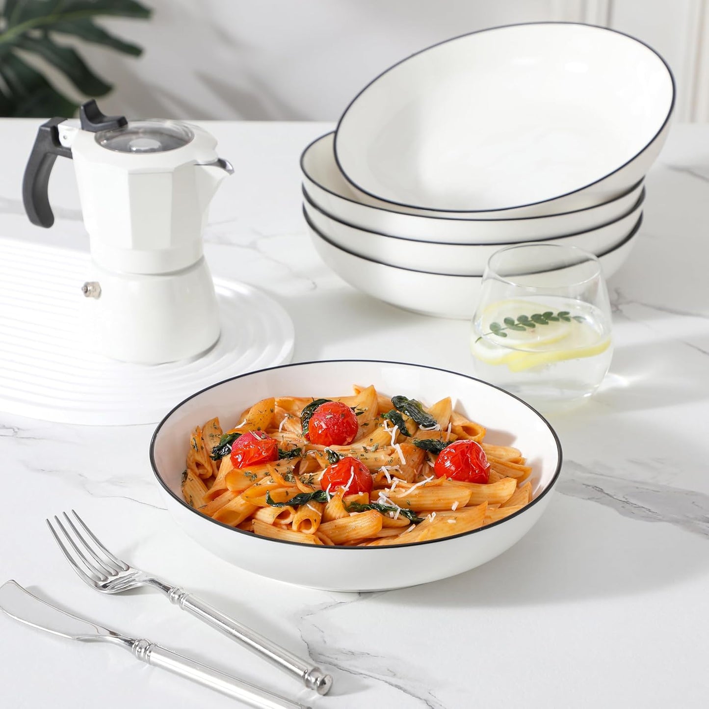 MALACASA 8.85" Large Pasta Bowls, 42 OZ White Salad Bowls Soup Bowls, Porcelain Serving Bowls Set of 6, Ivory White with Black Rim, Microwave & Dishwasher Safe, Series REGULAR