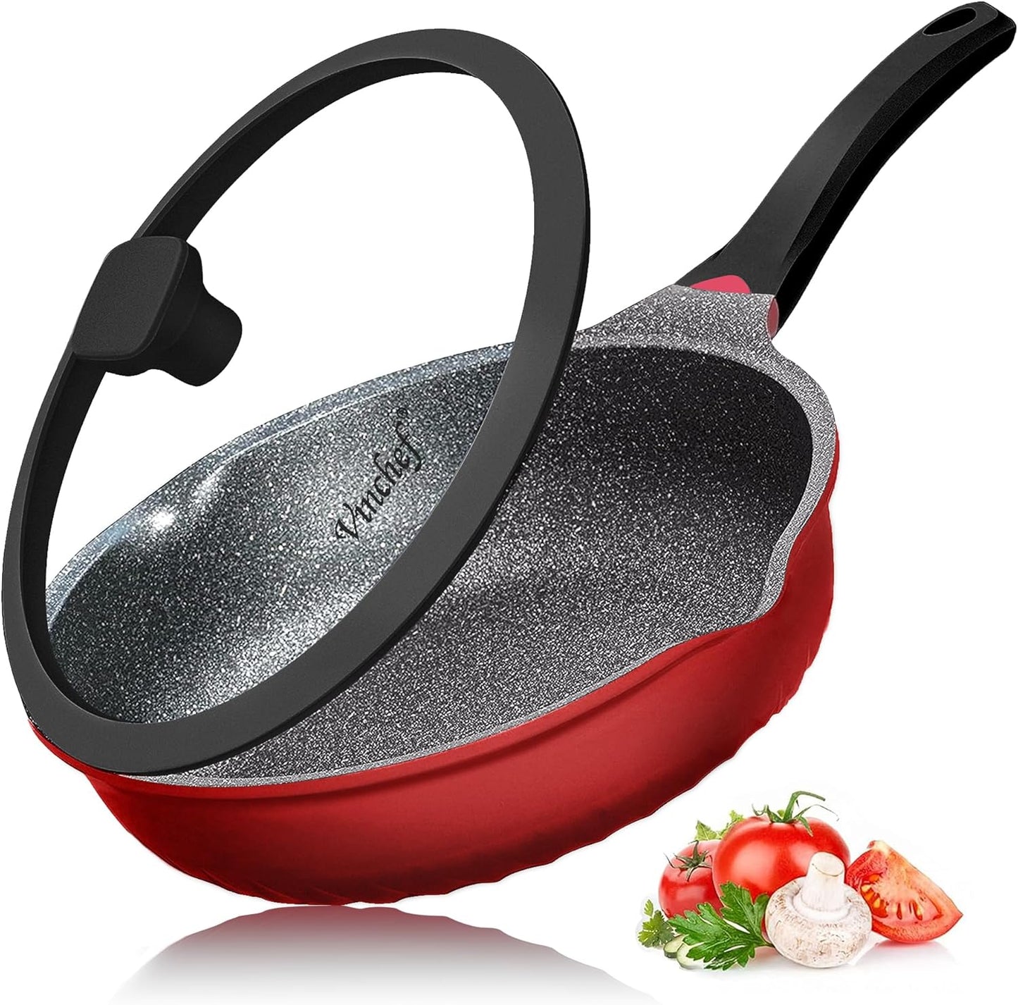 Vinchef Nonstick Skillet with Lid, 11In/5Qt Aluminum Deep Frying Pan with Lid and Heat Indicator, Anti Scratch and Anti Stain Deep Saute Pan, Induction Compatible