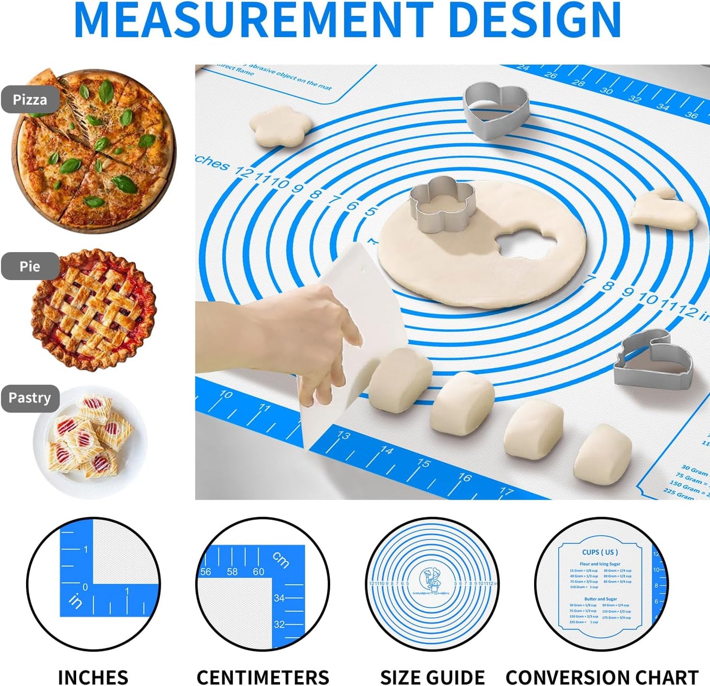 Silicone Pastry Mat for Dough Rolling,Silicone Baking Mat with Measurement for Baking Pie Crust, Pizza & Cookies, Non stick & Non Slip Silicone Mat