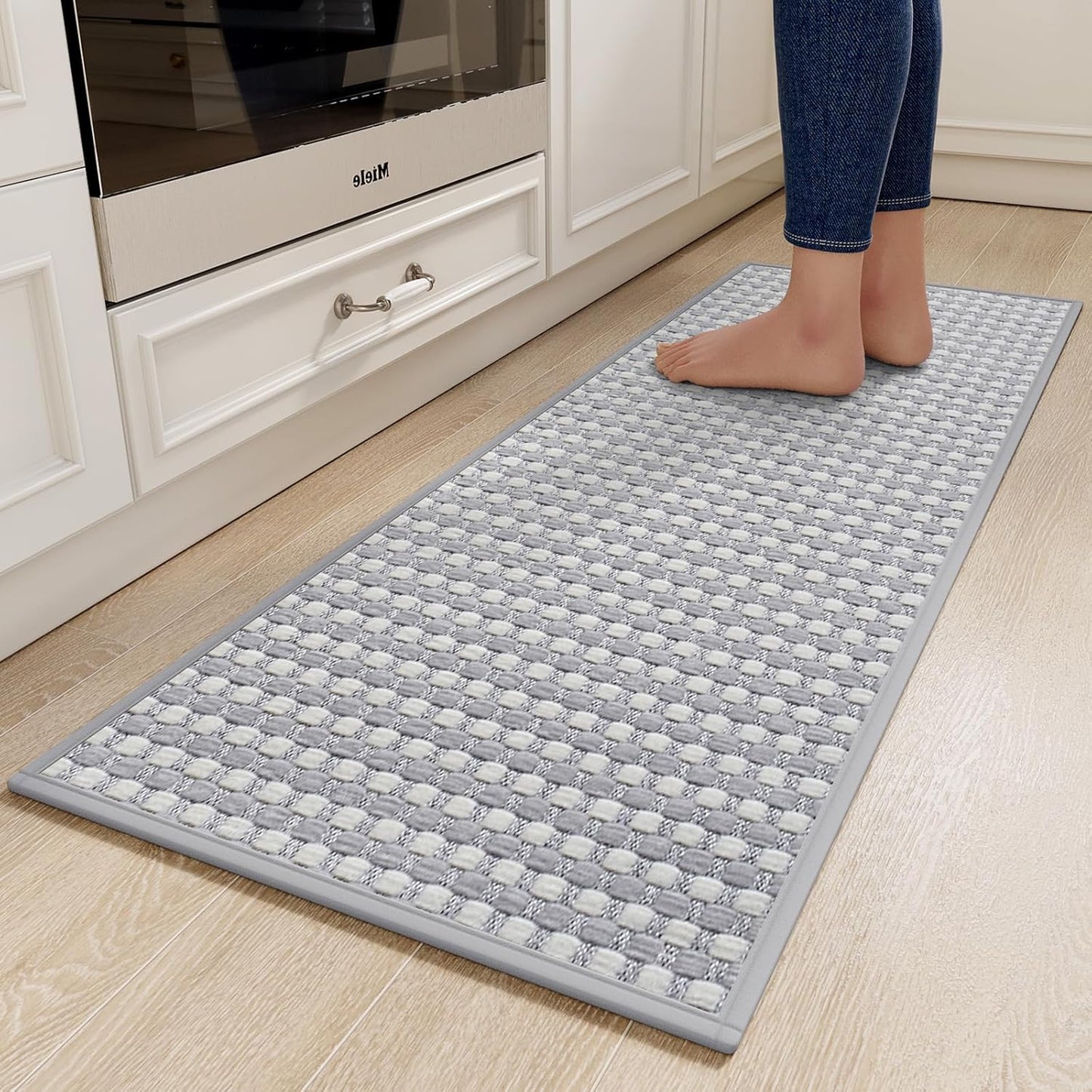 Kitchen Rugs Non Slip Washable, Rubber Backing Soft Chenille Braided Kitchen Mats for Floor, Super Absorbent Kitchen Runner Rug Standing Mat Sink Mat, Easy to Clean, Gray 17"x47"