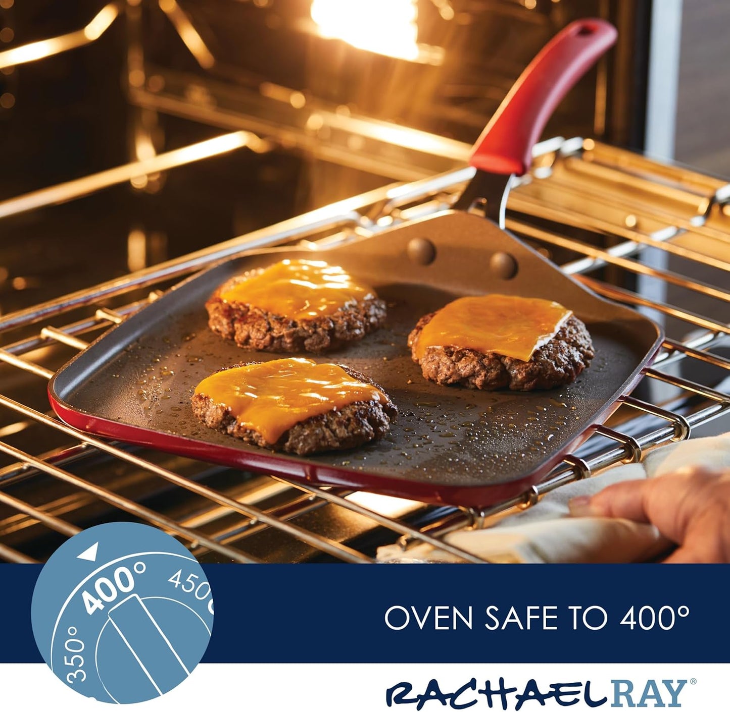 Rachael Ray Cook + Create Nonstick Stovetop Griddle/Grill Pan, Square, 11 Inch, Red