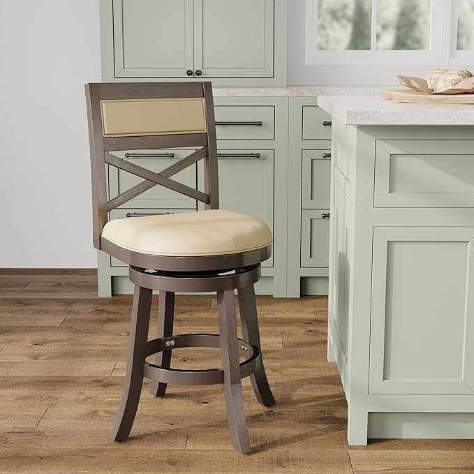DTY Indoor Living Meeker 24 Inch Counter Height Bar Stools with Backs - Wooden Swivel Counter Stools for Kitchen Island - French Gray Leather Seat, Solid Wood Frame, Weathered Gray Finish